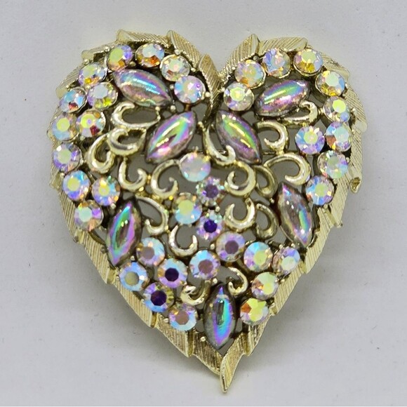 Vintage Coro signed heart with Rhinestones Brooch-Pin AB crystals Irredesent - Picture 3 of 4